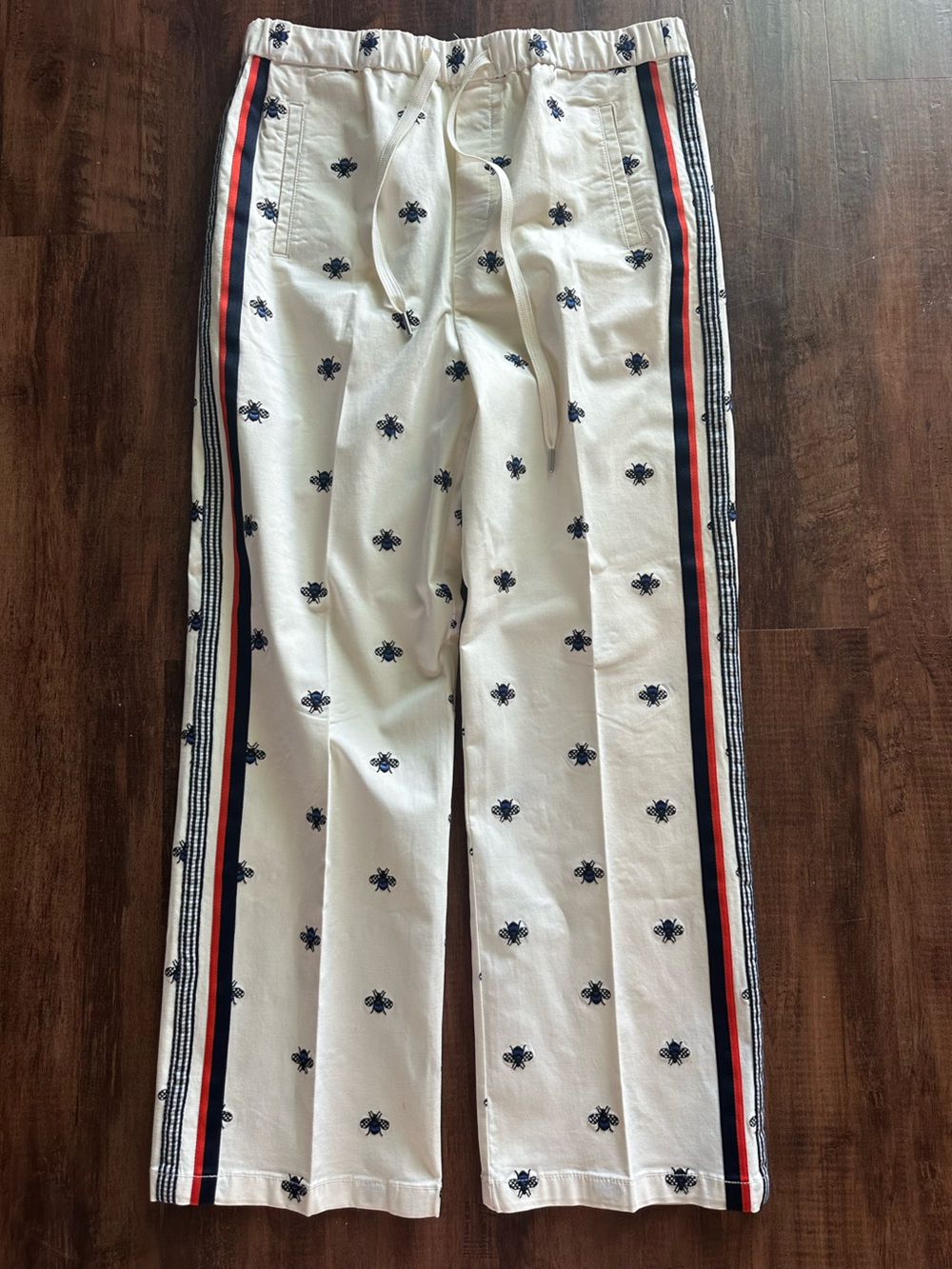 Maeve by Anthro Embroidered Bee Print White Pants with Navy Stripe Detail